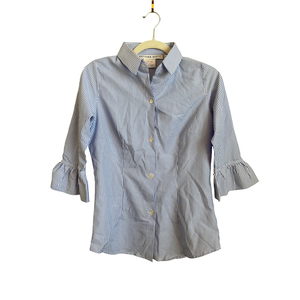 Gretchen Scott Blue White Striped Ruffle Cuff Button Down Shirt Shrimp XXS